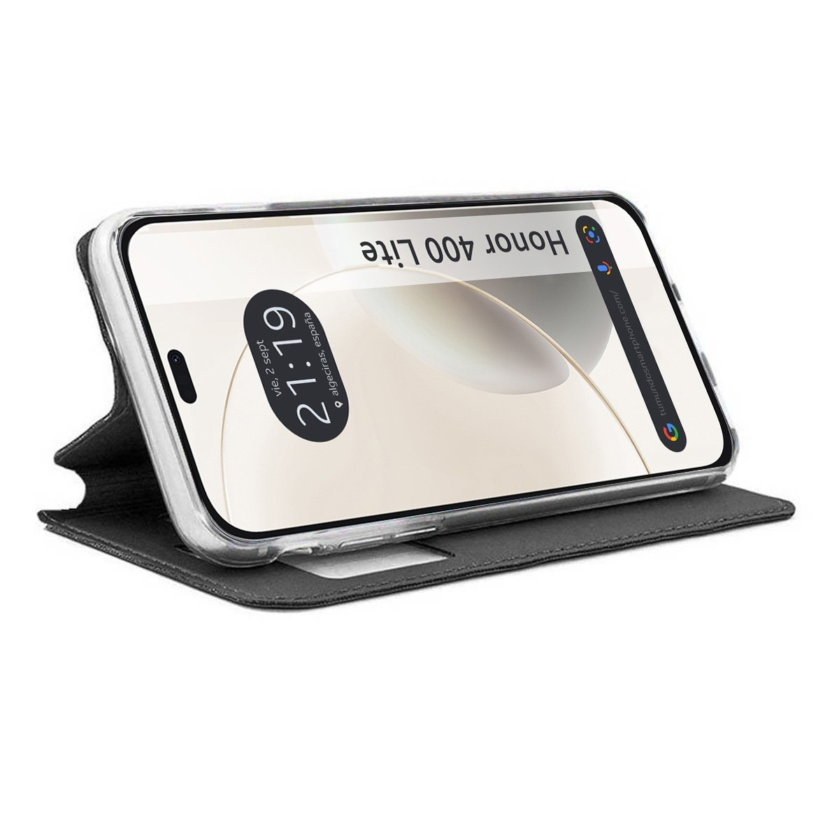 Telefono con custodia trasparente in custodia nera aperta. Mostra l'ora 21:19 e il testo Honor 400 Lite.