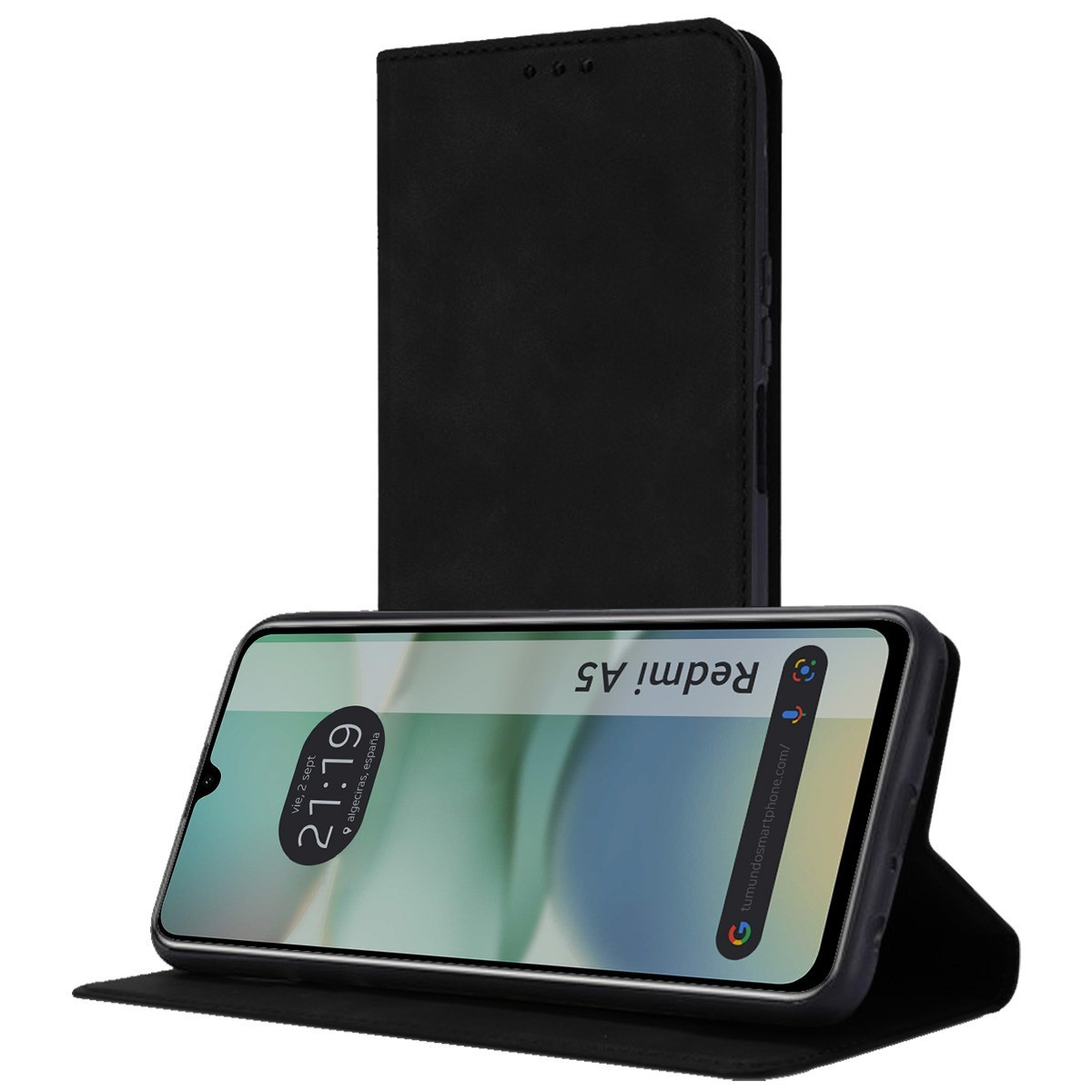 Custodia nera con telefono. Lo schermo mostra l'ora. La custodia nera è in piedi.