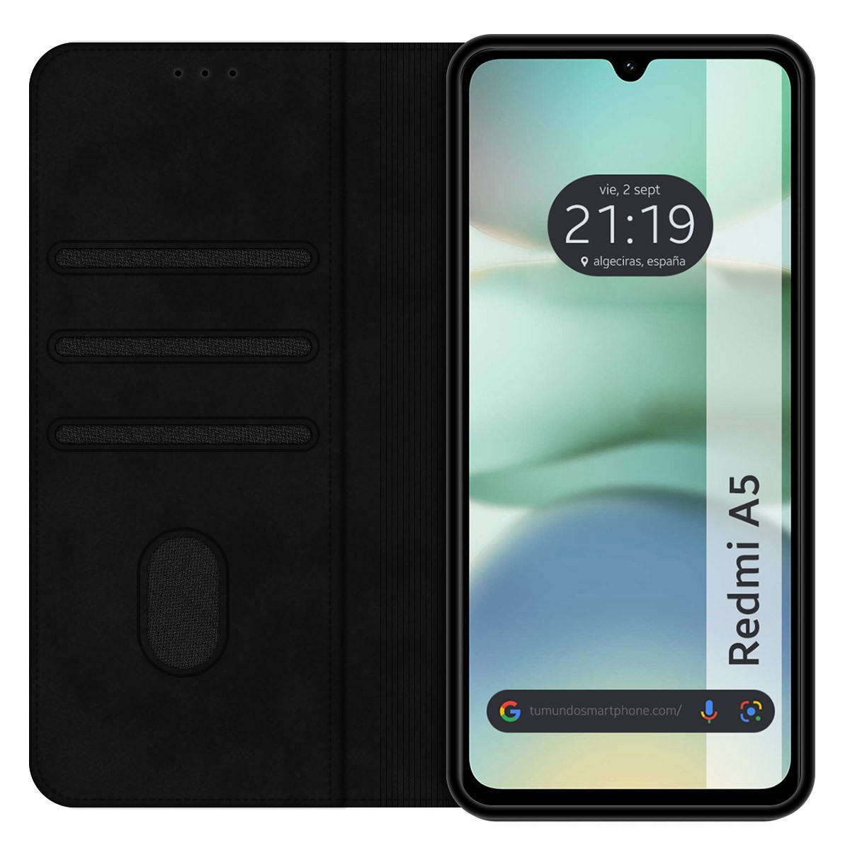 Custodia per telefono nera, aperta, che mostra uno schermo del telefono.