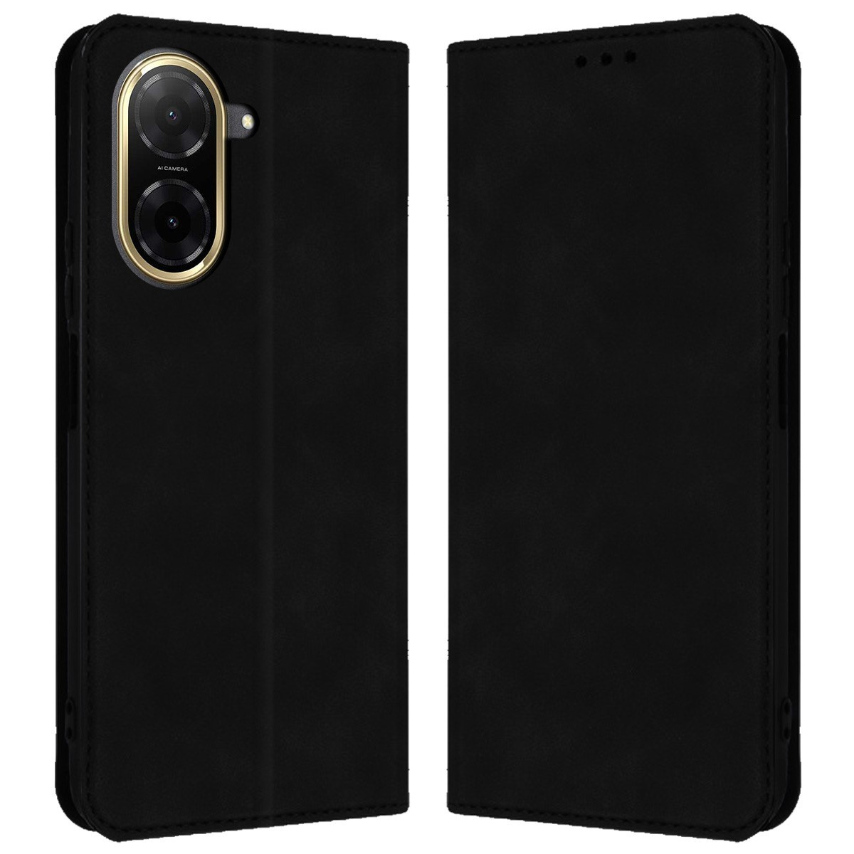 Custodia nera aperta, che rivela il telefono con la fotocamera. La custodia è nera e in pelle.