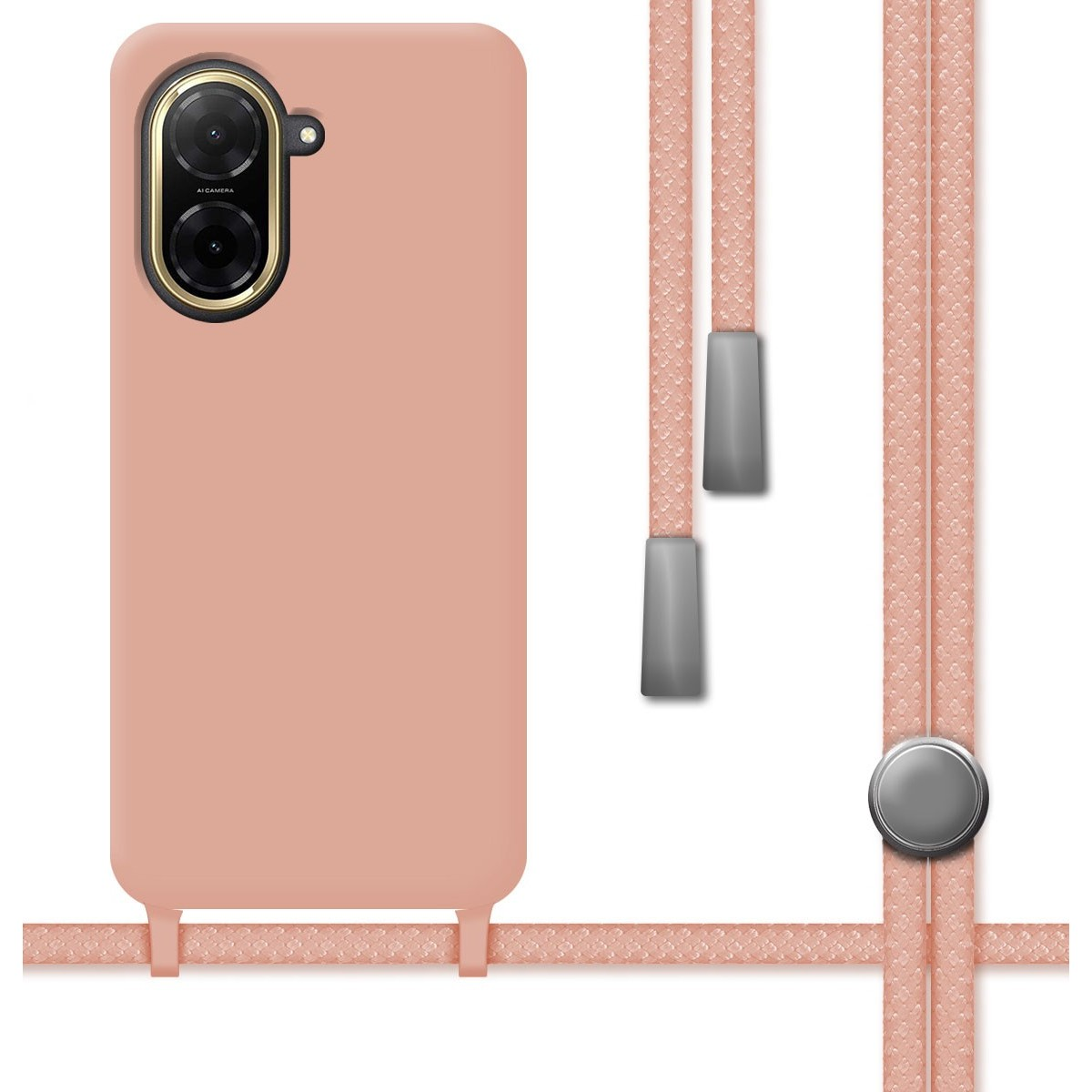 Custodia rosa con un cordino rosa abbinato. La custodia del telefono ha due obiettivi della fotocamera.