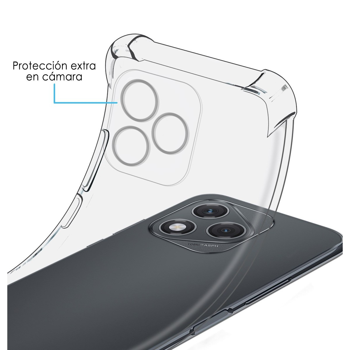 Custodia trasparente su un telefono scuro. La custodia trasparente ha la protezione della fotocamera. Il telefono ha tre lenti.