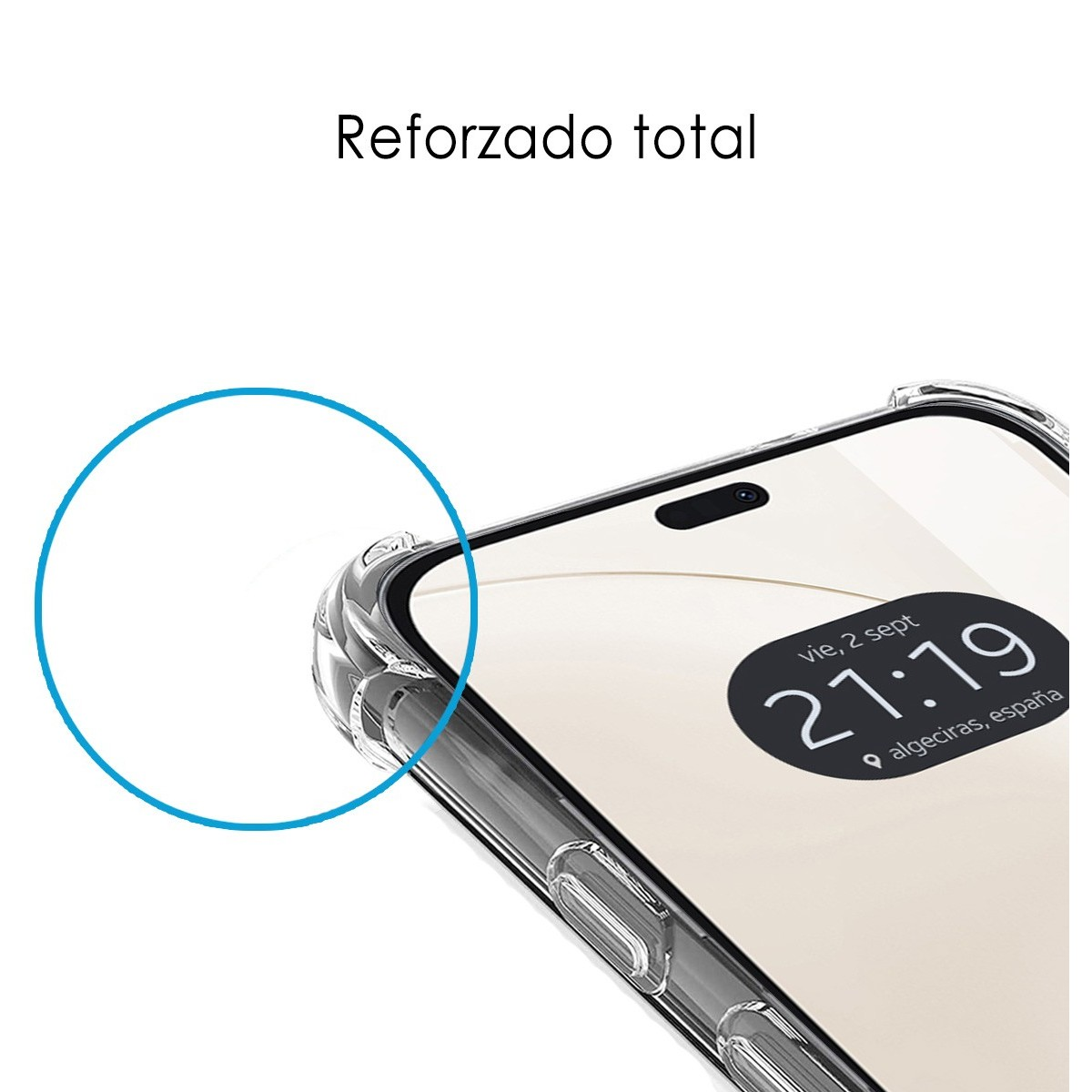Primo piano di un telefono. Il telefono è in una custodia trasparente. Il testo 'Reforzado total' è visibile sopra.