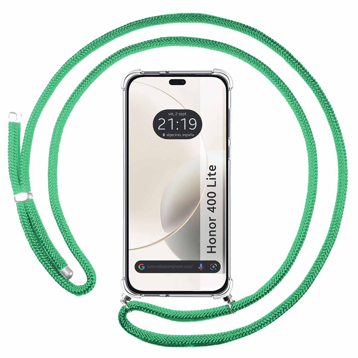 Custodia per telefono con cordino verde. Il telefono mostra l'ora e la data. Honor 400 Lite.