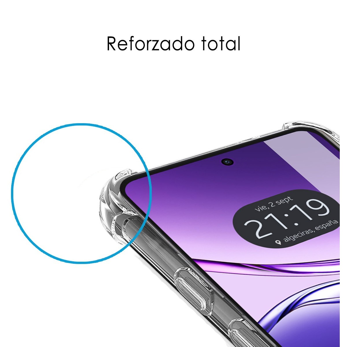 Primo piano di un telefono, con una custodia trasparente. Testo 'Reforzado total', e un cerchio.