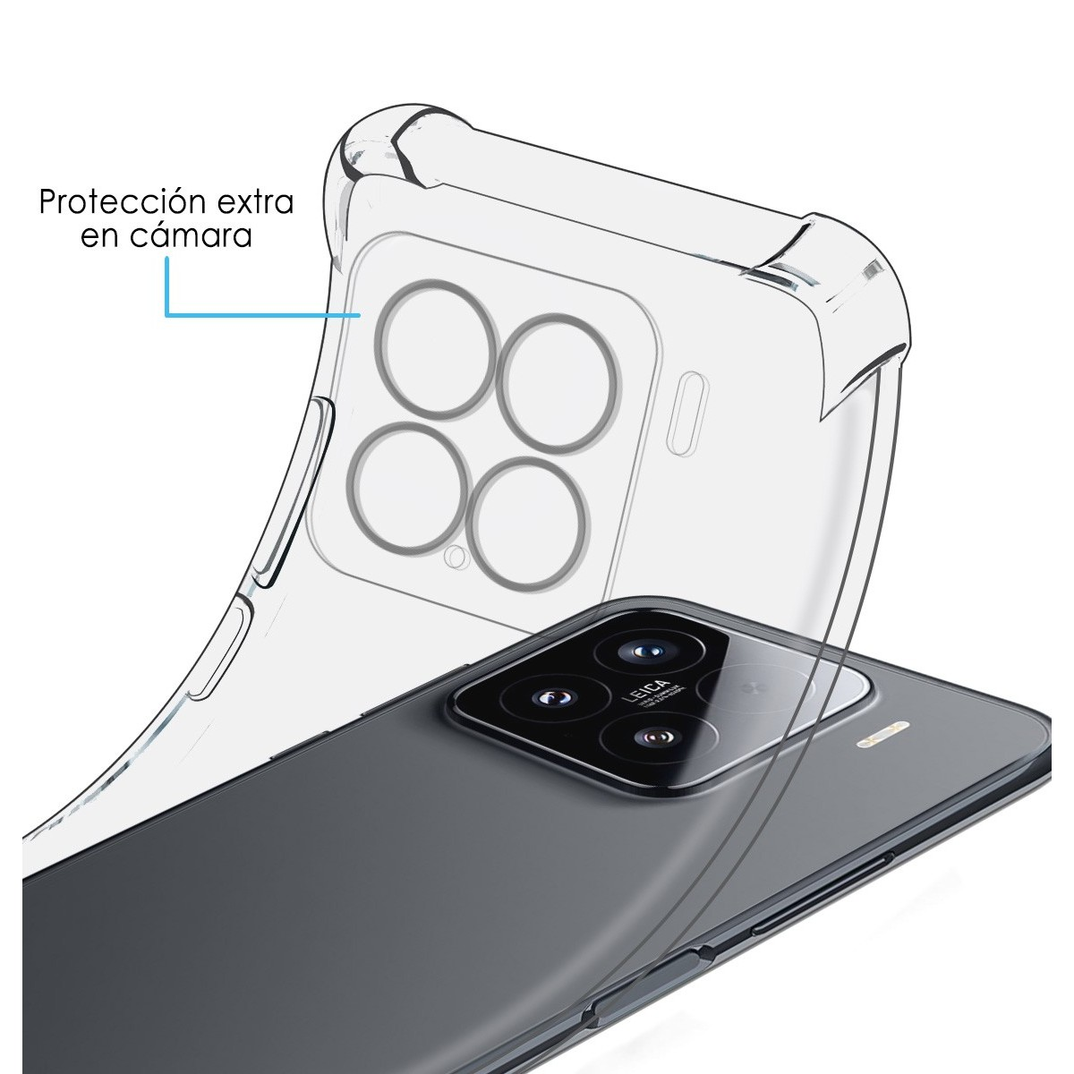 Una custodia trasparente con un telefono all'interno. La custodia ha una protezione per la fotocamera. Il telefono è nero.