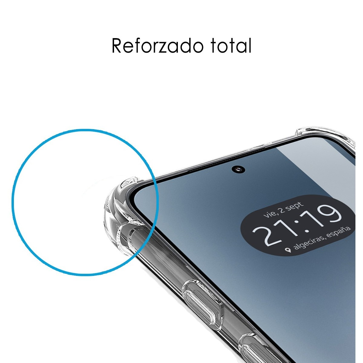 Un telefono con custodia trasparente. Il testo dice 'Reforzado total'.