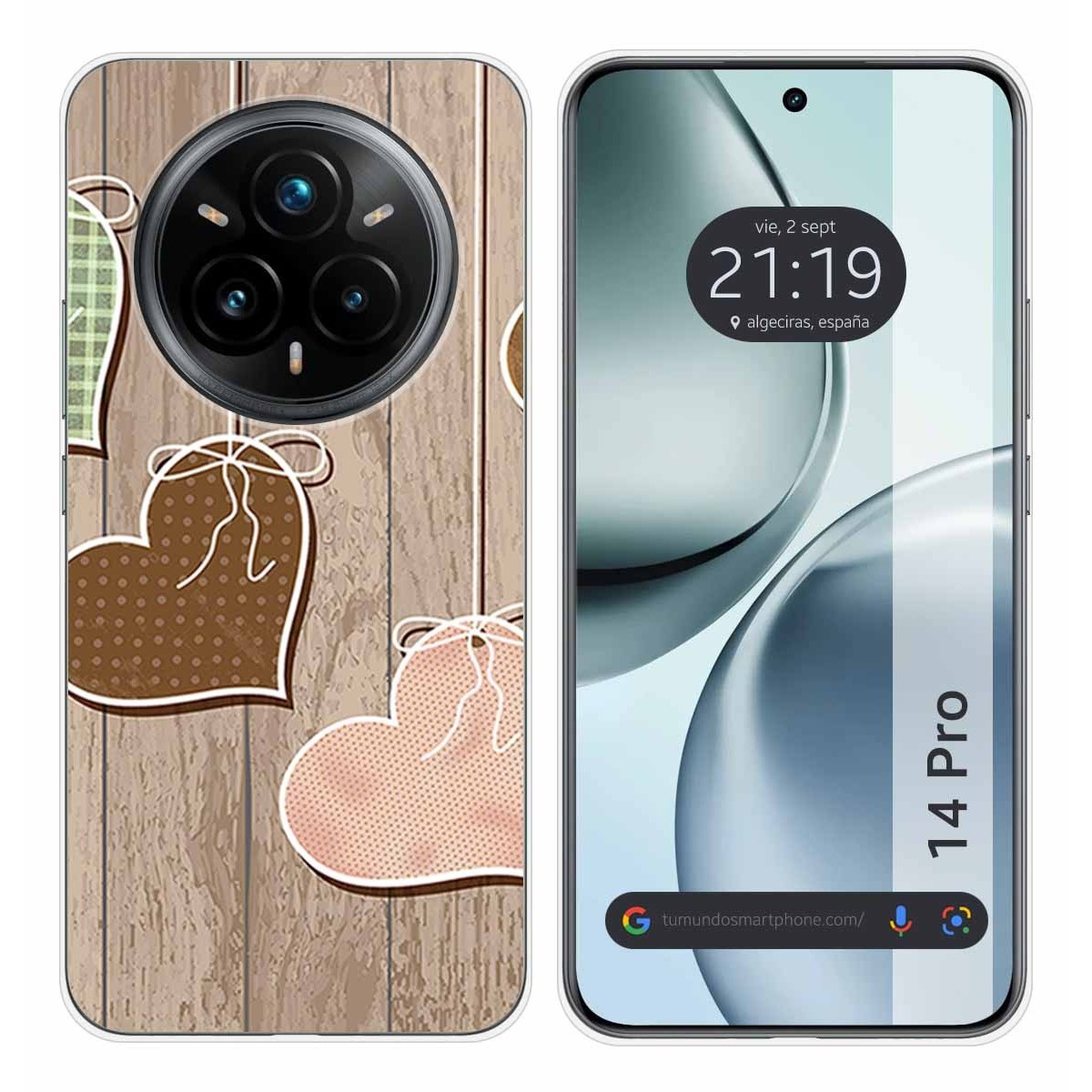 Funda de teléfono con diseño de madera y corazones colgantes. La pantalla muestra la hora y fecha.