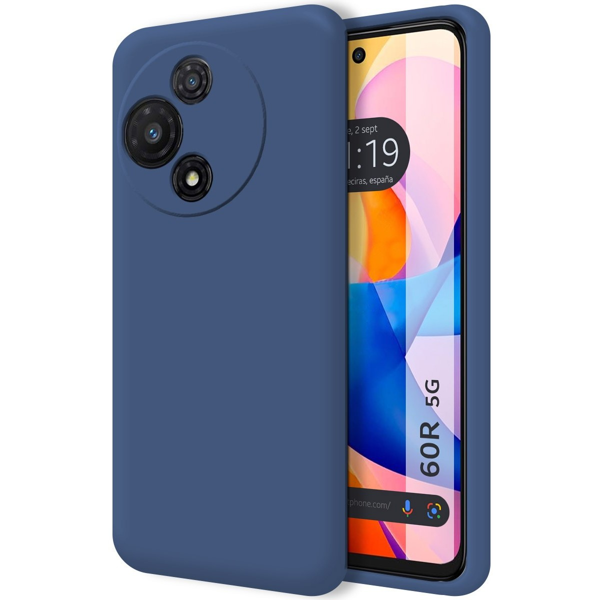 Custodia blu, lo schermo del telefono mostra ora e luogo.
