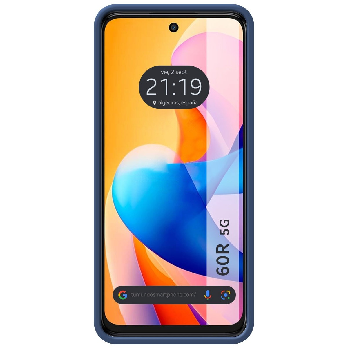 Custodia blu, lo schermo del telefono mostra ora e luogo.