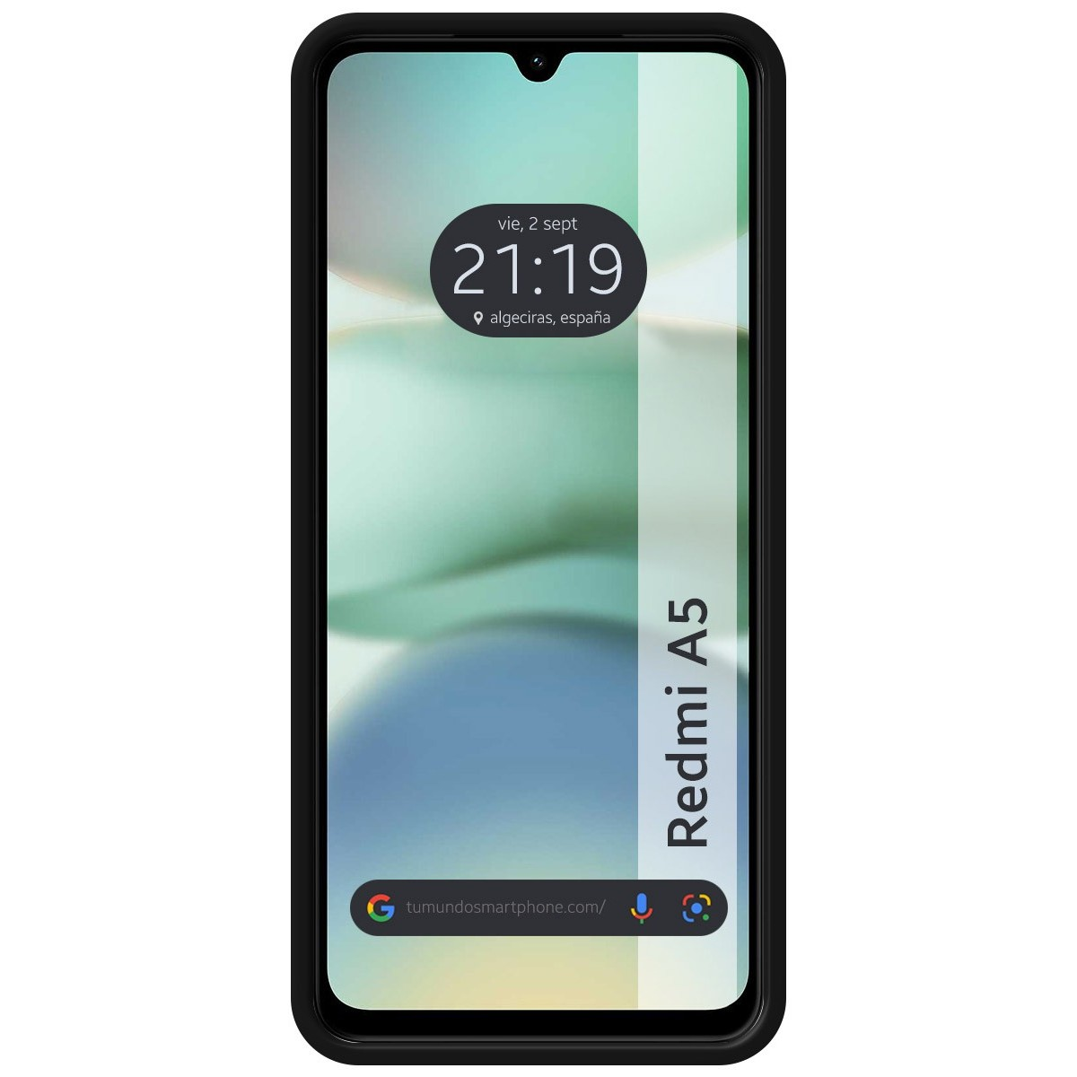 Telefono Redmi A5 con custodia nera. Lo schermo mostra ora, data e un indirizzo web.