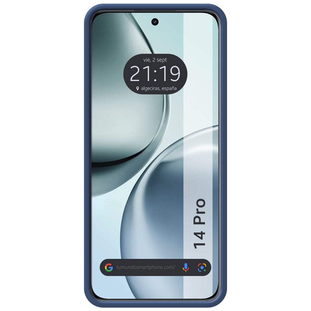 Telefono con custodia blu, mostra ora, data. Indirizzo web in basso. Lo schermo mostra uno sfondo chiaro.