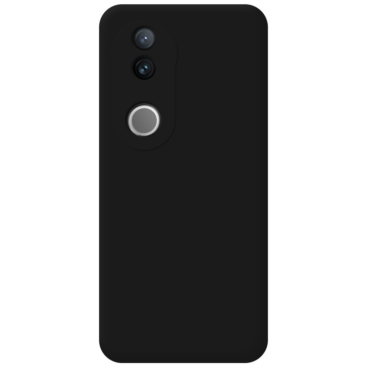Custodia per telefono nera con tre fotocamere e sensore di impronte digitali. Nessuno schermo del telefono visibile.
