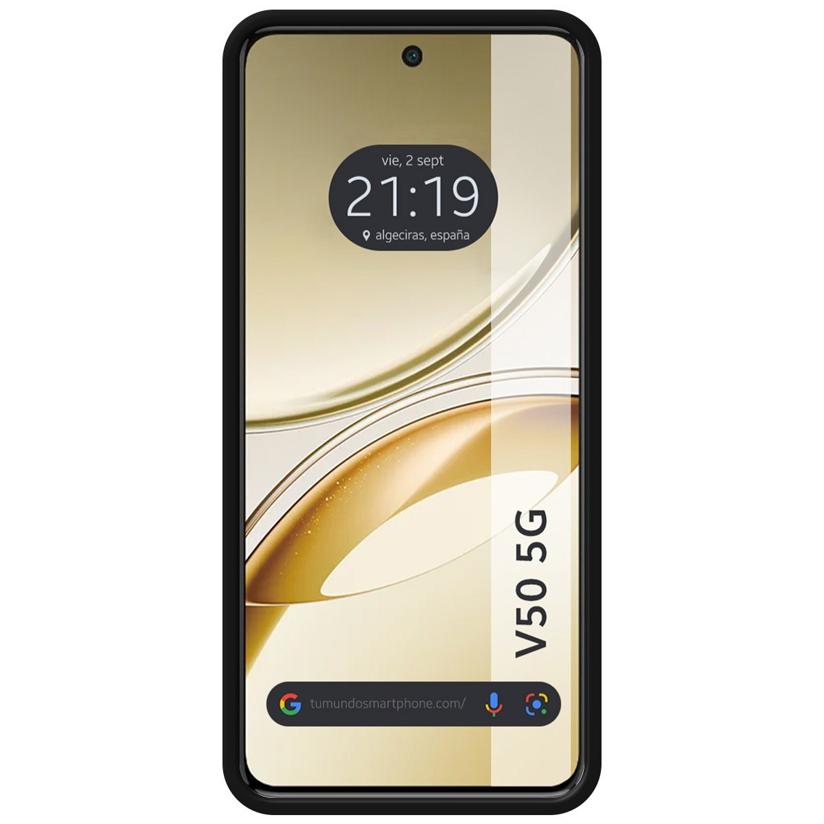 Schermo del telefono che mostra un colore oro. Telefono su sfondo nero.