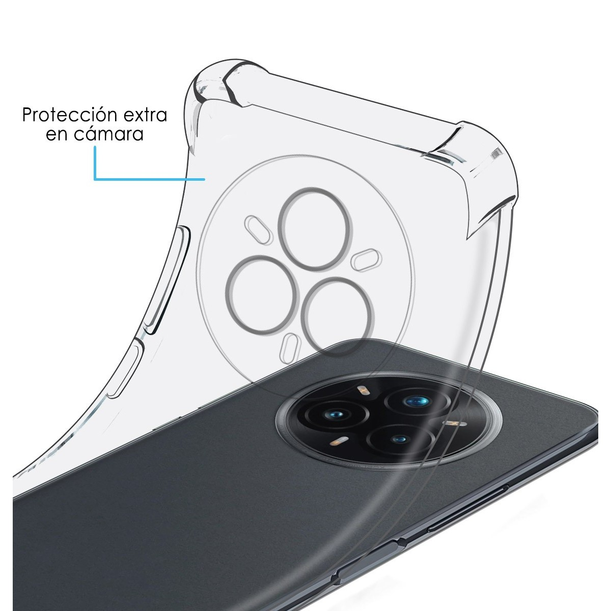 Primo piano di un telefono e una custodia trasparente. La custodia è sopra il telefono. Il testo dice protezione.