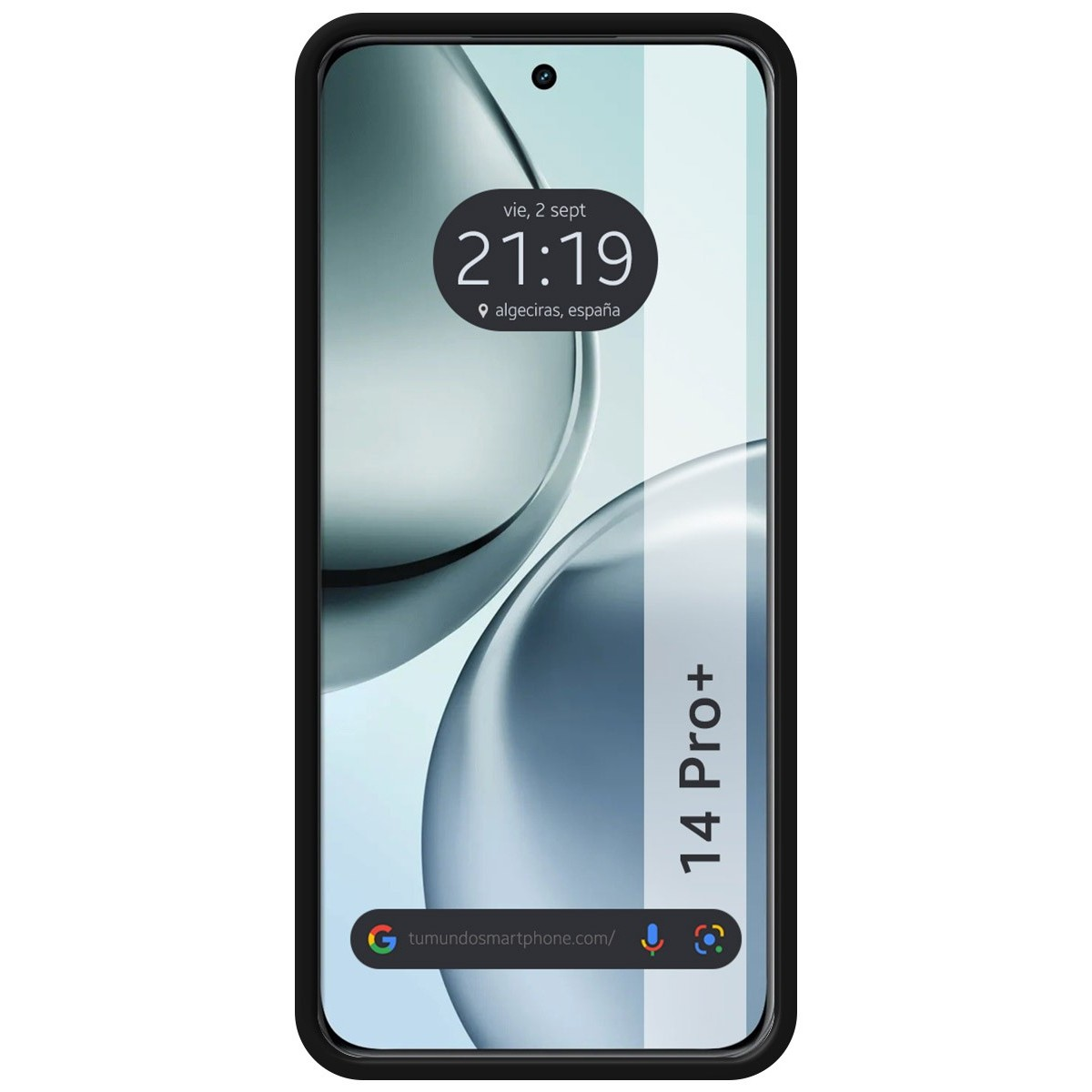 Telefono che mostra data e ora. L'etichetta 14 Pro+ è sul telefono. Il telefono è in una custodia nera.