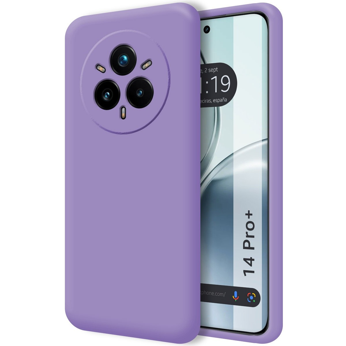 Una custodia per telefono viola. Il telefono è sul lato destro e mostra l'ora. C'è il testo '14 Pro+'.