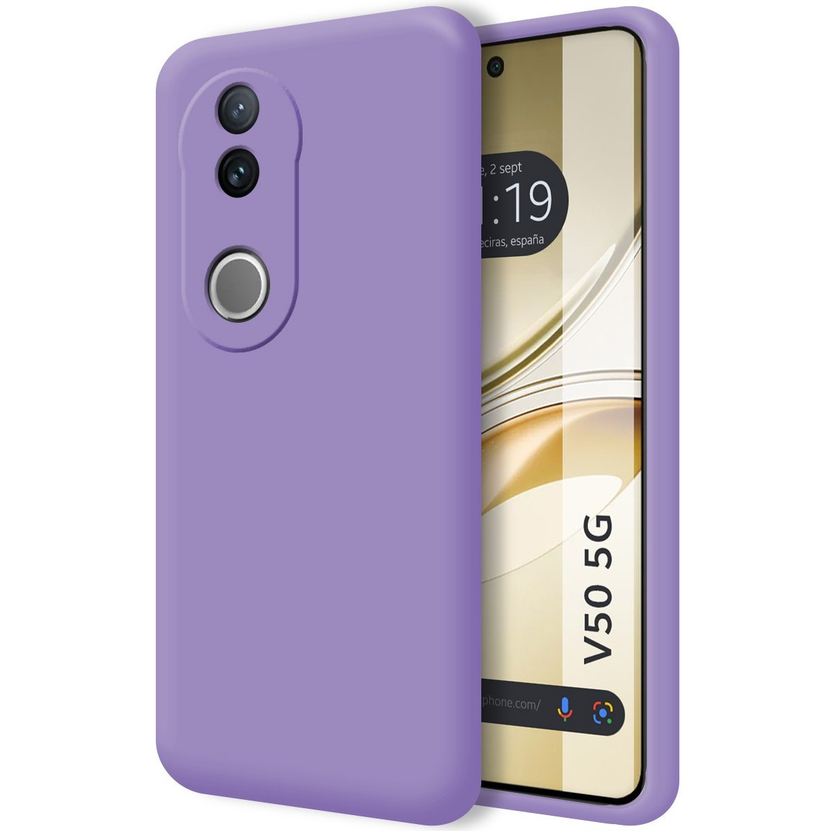 Custodia per telefono viola con un telefono e tre lenti della fotocamera.