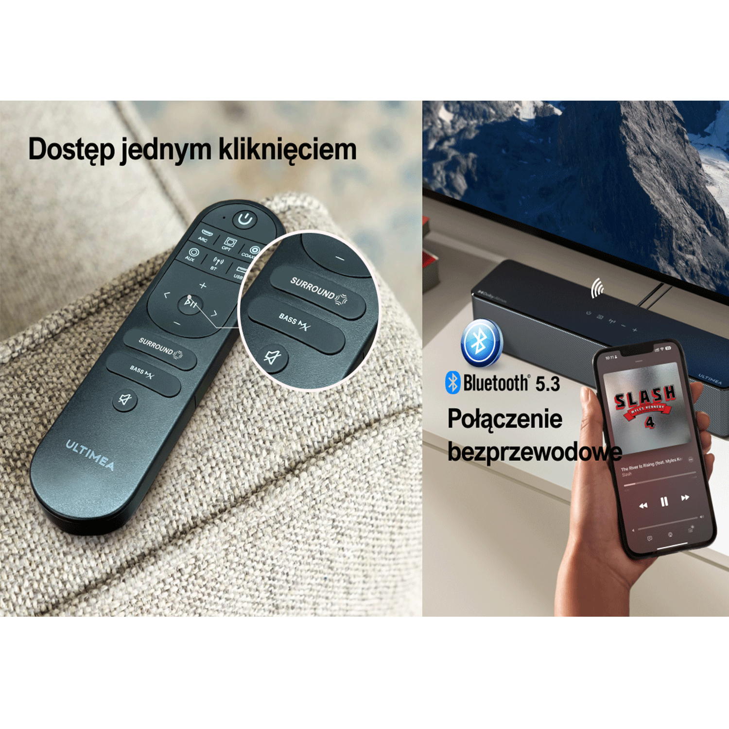 Pilot i telefon odtwarzający muzykę. Tekst po polsku: 'Dostęp jednym kliknięciem'. Bluetooth.