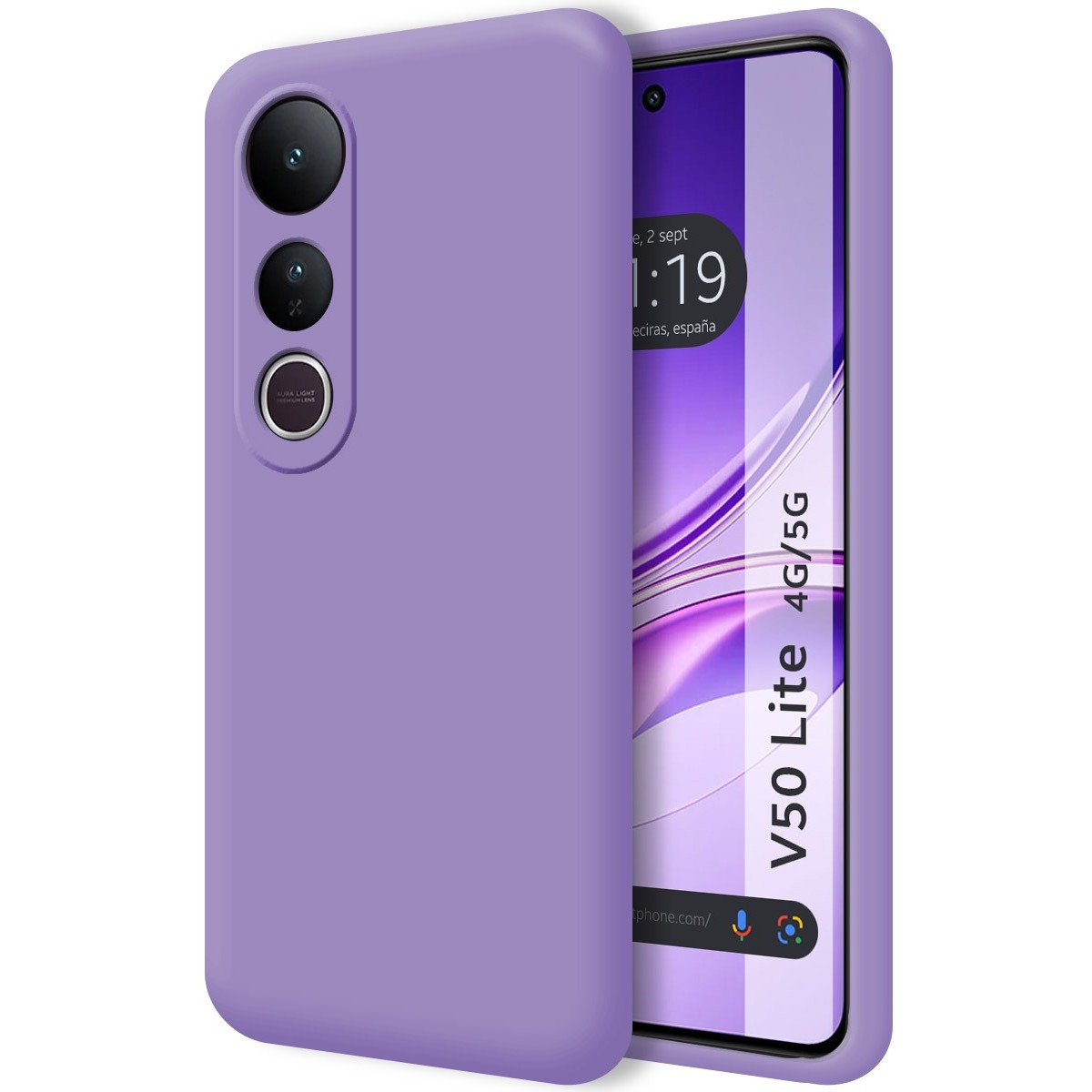 Funda de teléfono morada con el teléfono dentro. El teléfono muestra la hora y el sitio web en la pantalla.