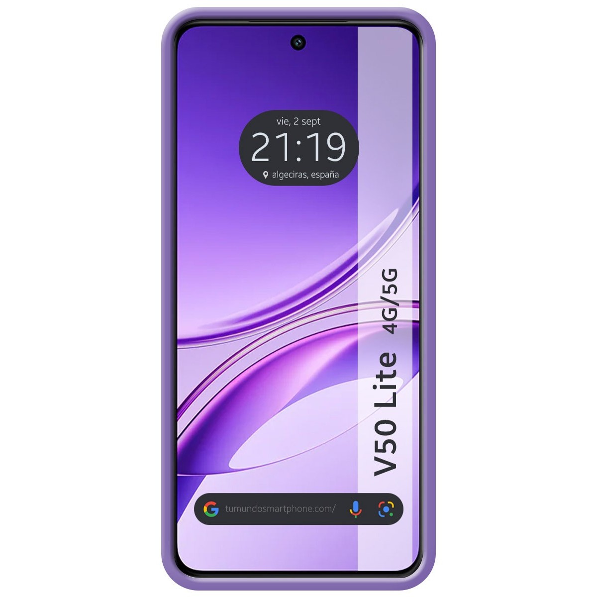 Un teléfono que muestra la hora y la fecha sobre un fondo morado.