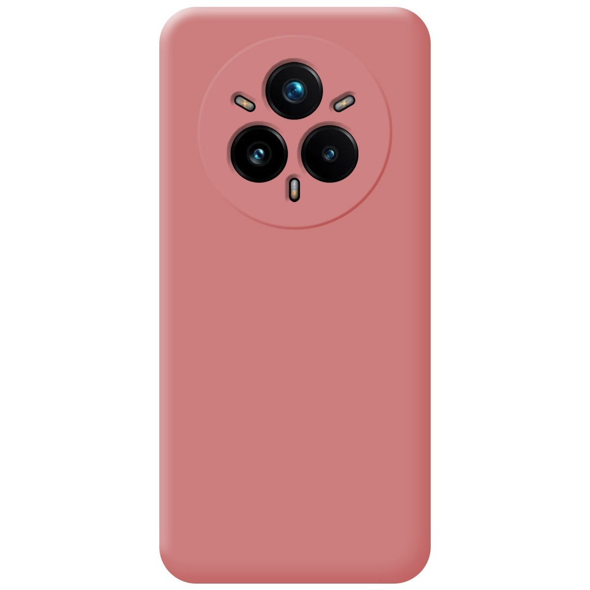 Custodia rosa per telefono con tre fotocamere posteriori.