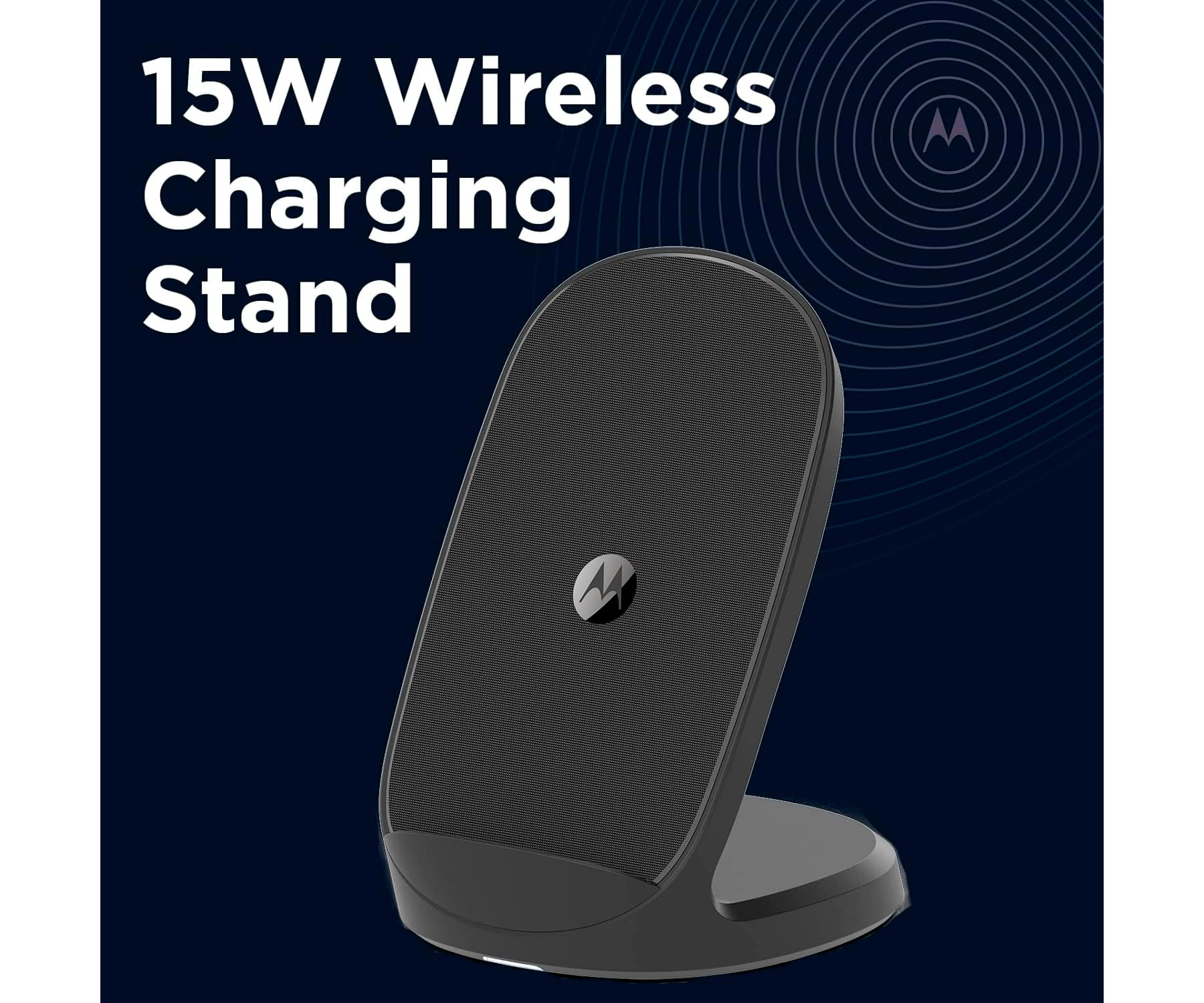 Soporte de carga inalámbrica con logo Motorola y texto: 15W Wireless Charging Stand.