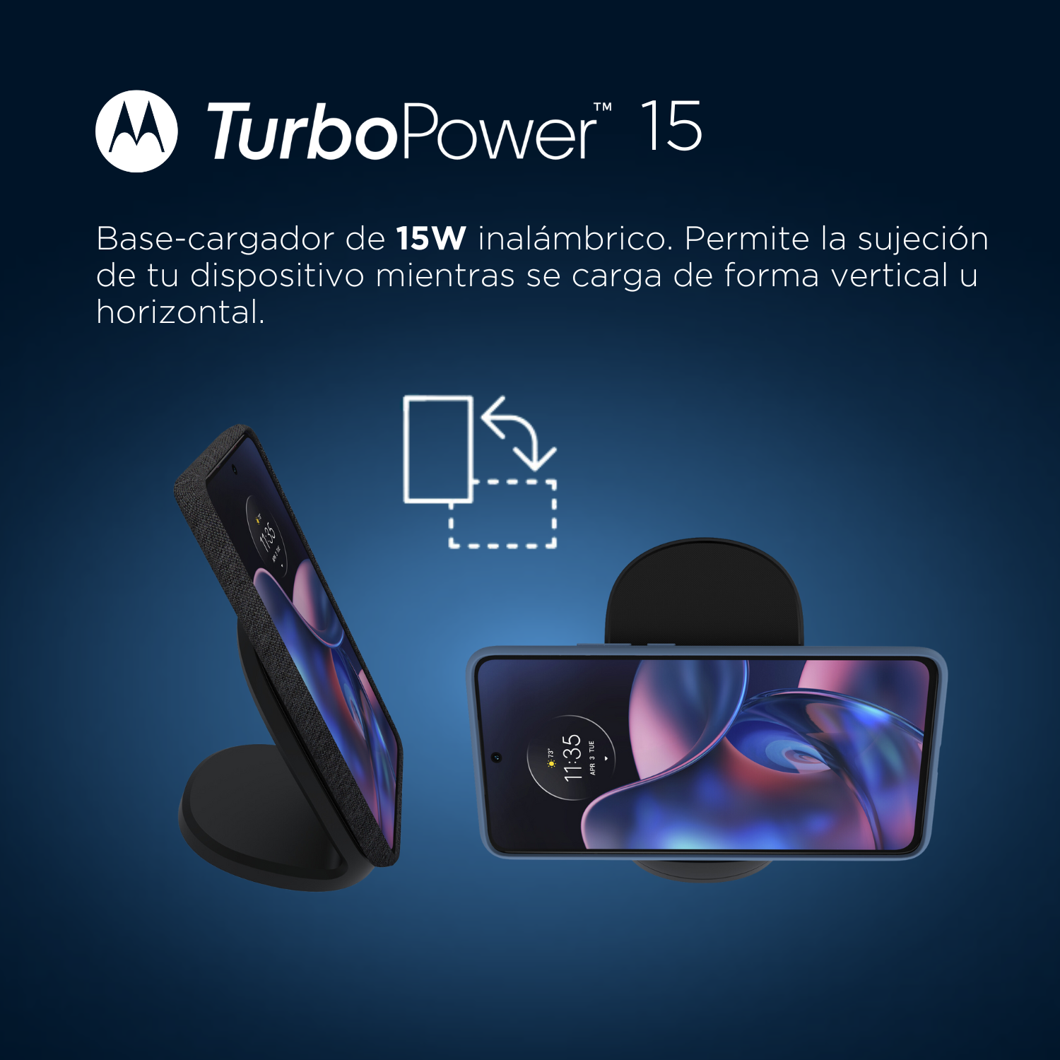 Cargador inalámbrico TurboPower 15 con teléfono, demostrando posiciones de carga.
