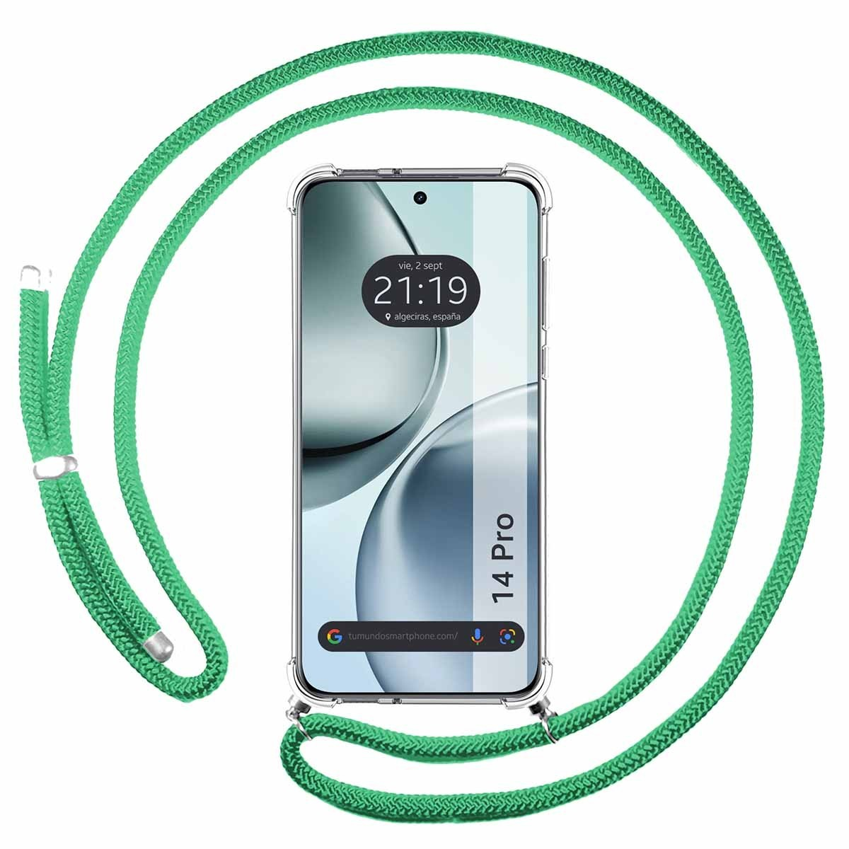 Un telefono con un cordino verde.