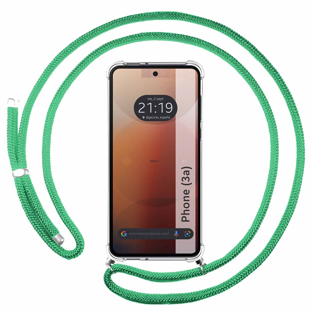 Telefono con cinturino in corda verde. Il telefono mostra l'ora: 21:19. Testo: Telefono (3a). Sfondo marrone.