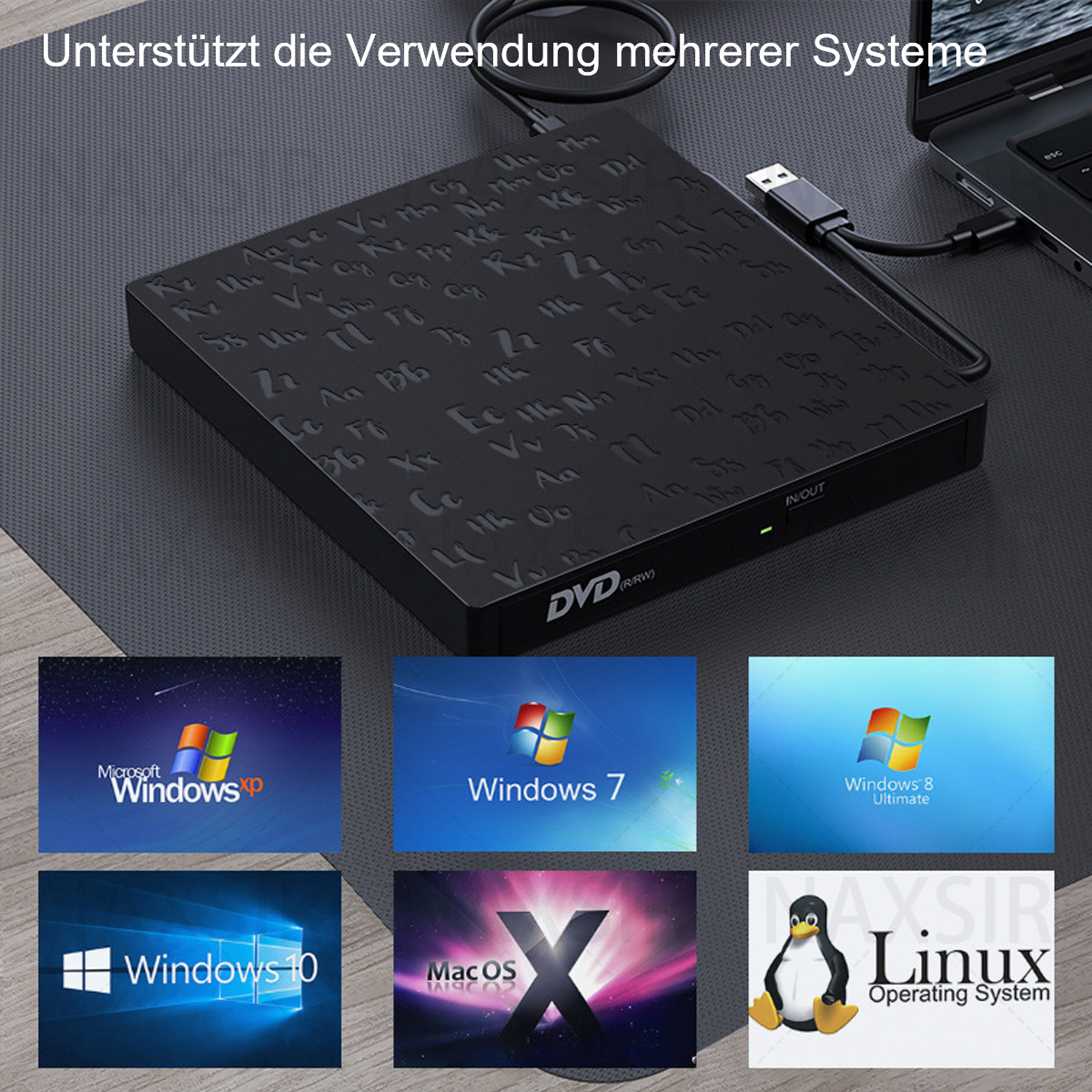 Ein schwarzes DVD-Laufwerk mit angeschlossenem Laptop. Verschiedene Betriebssystemsymbole werden am unteren Rand angezeigt.