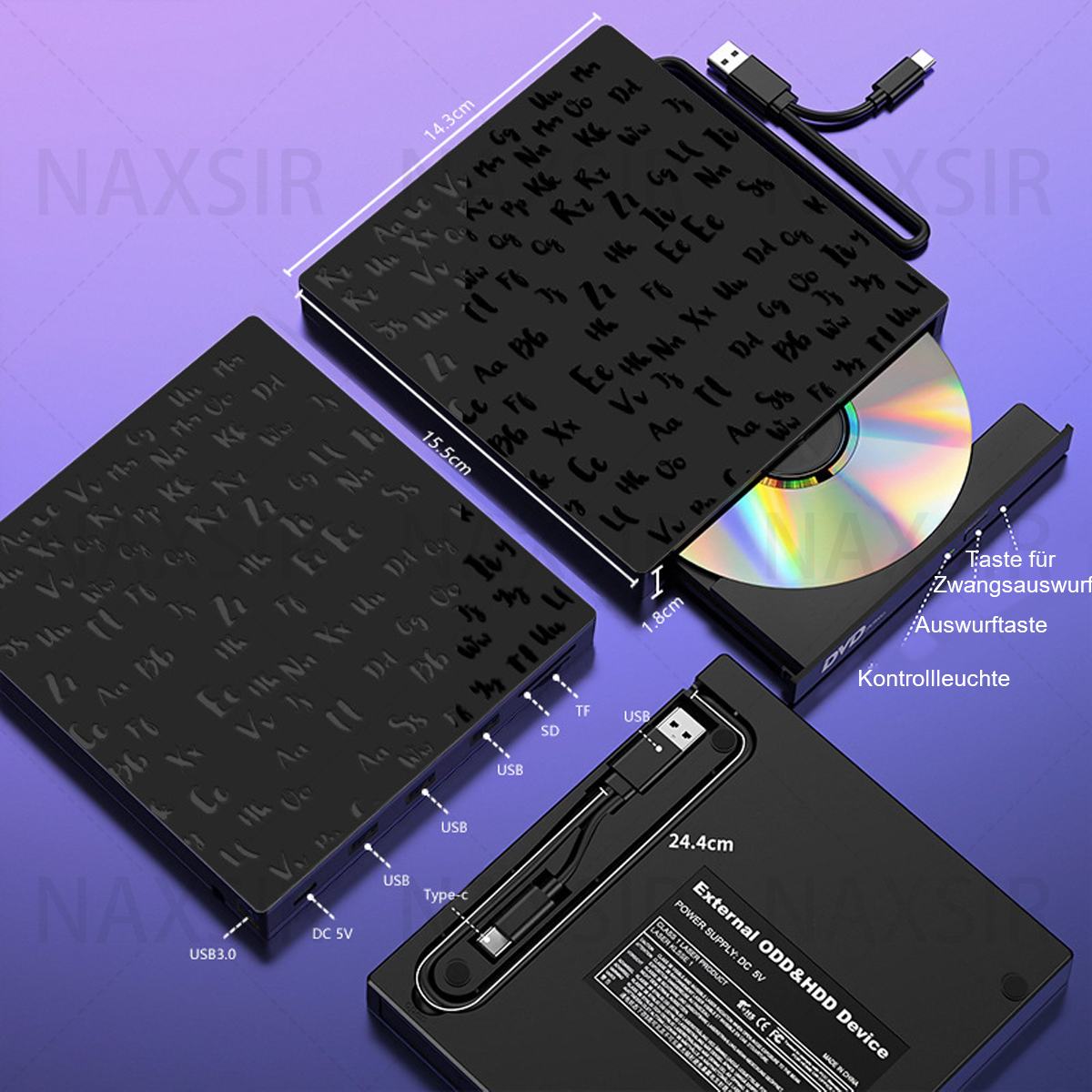 Ein schwarzes externes ODD & HDD-Gerät mit einer CD darin. Kabel, Maße und USB-Anschlüsse sind sichtbar.