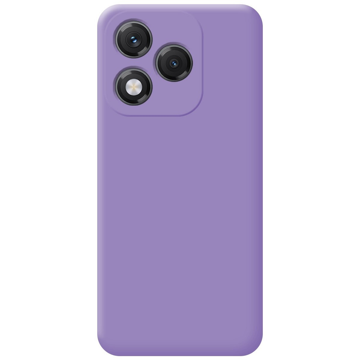 Una custodia per telefono viola con tre obiettivi della fotocamera.