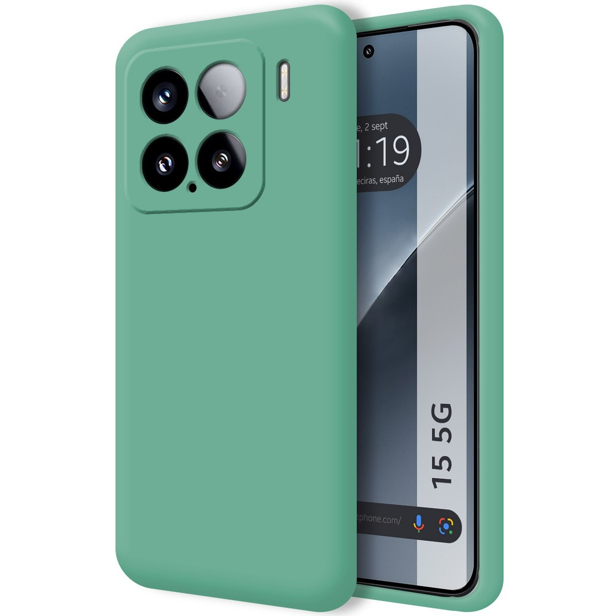 Custodia per telefono verde con ritagli per fotocamera. Lo schermo del telefono mostra ora, luogo e 15 5G.