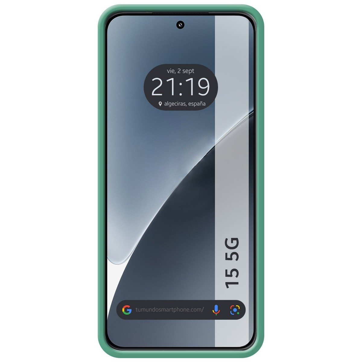 Schermo del telefono che mostra ora, luogo e 15 5G. Custodia verde che circonda lo schermo.