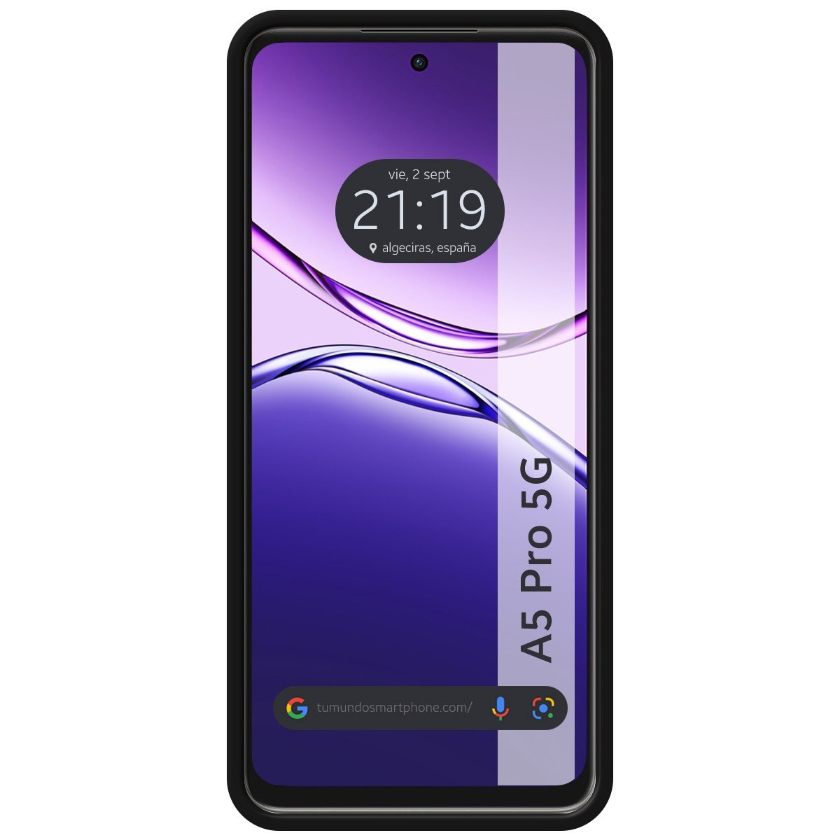 Schermo smartphone con ora e design a onda viola. Custodia nera. A5 Pro 5G scritto a destra.