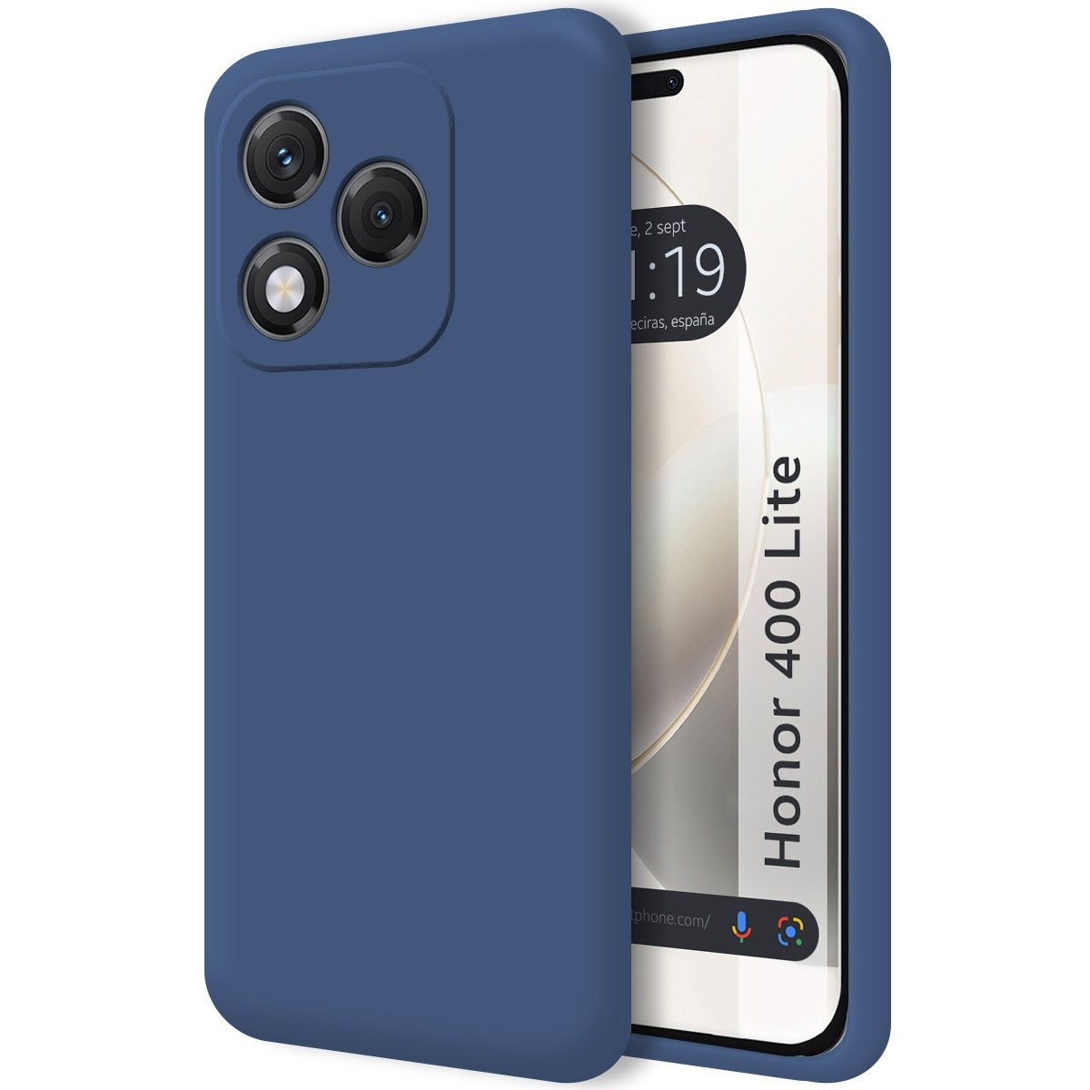 Custodia blu con telefono dentro. Il telefono ha uno schermo bianco.