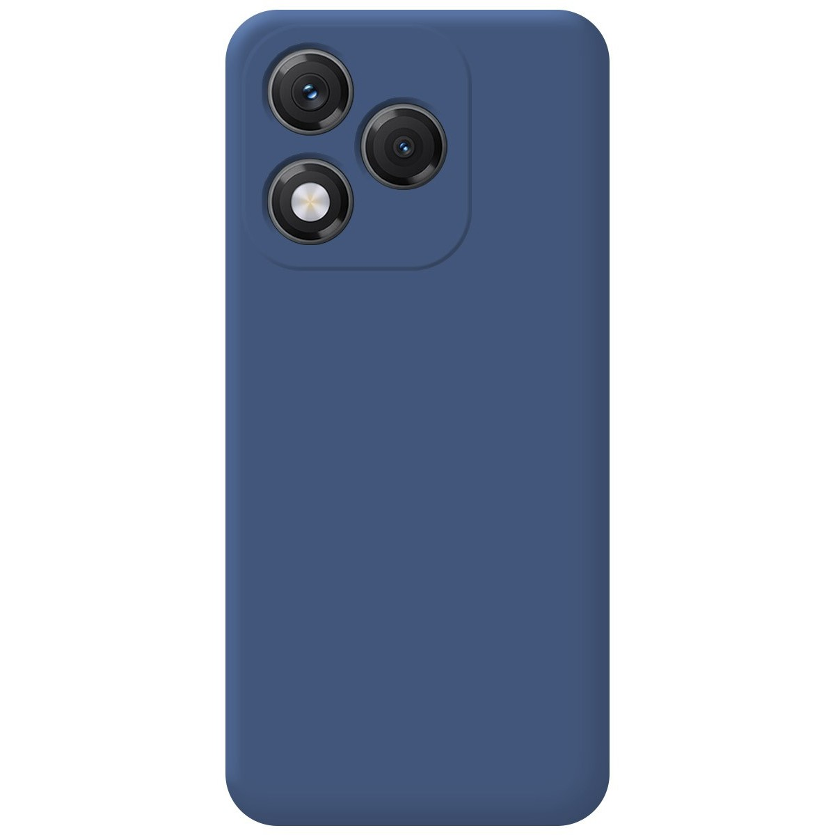 Custodia blu con tre obiettivi della fotocamera. La custodia è blu tinta unita.