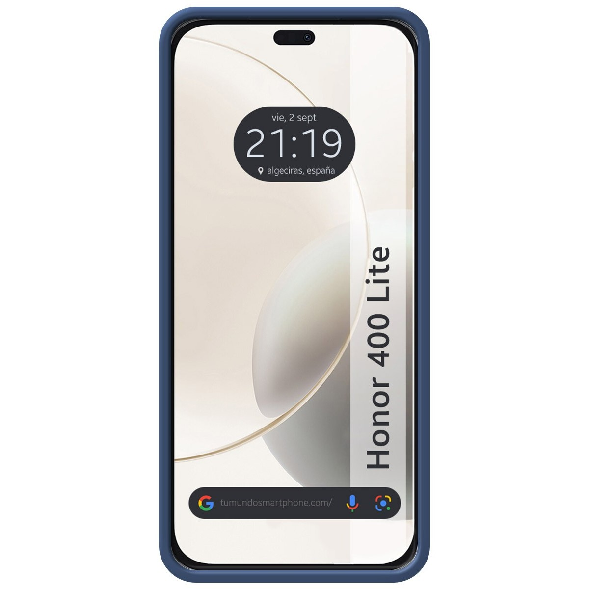 Schermo del telefono che mostra l'ora e un design a onda bianca. Custodia blu. Honor 400 Lite è scritto.