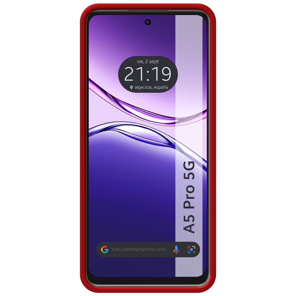 Custodia rossa con A5 Pro 5G sul display. L'ora è 21:19. Il display mostra uno sfondo a onde viola e bianco.