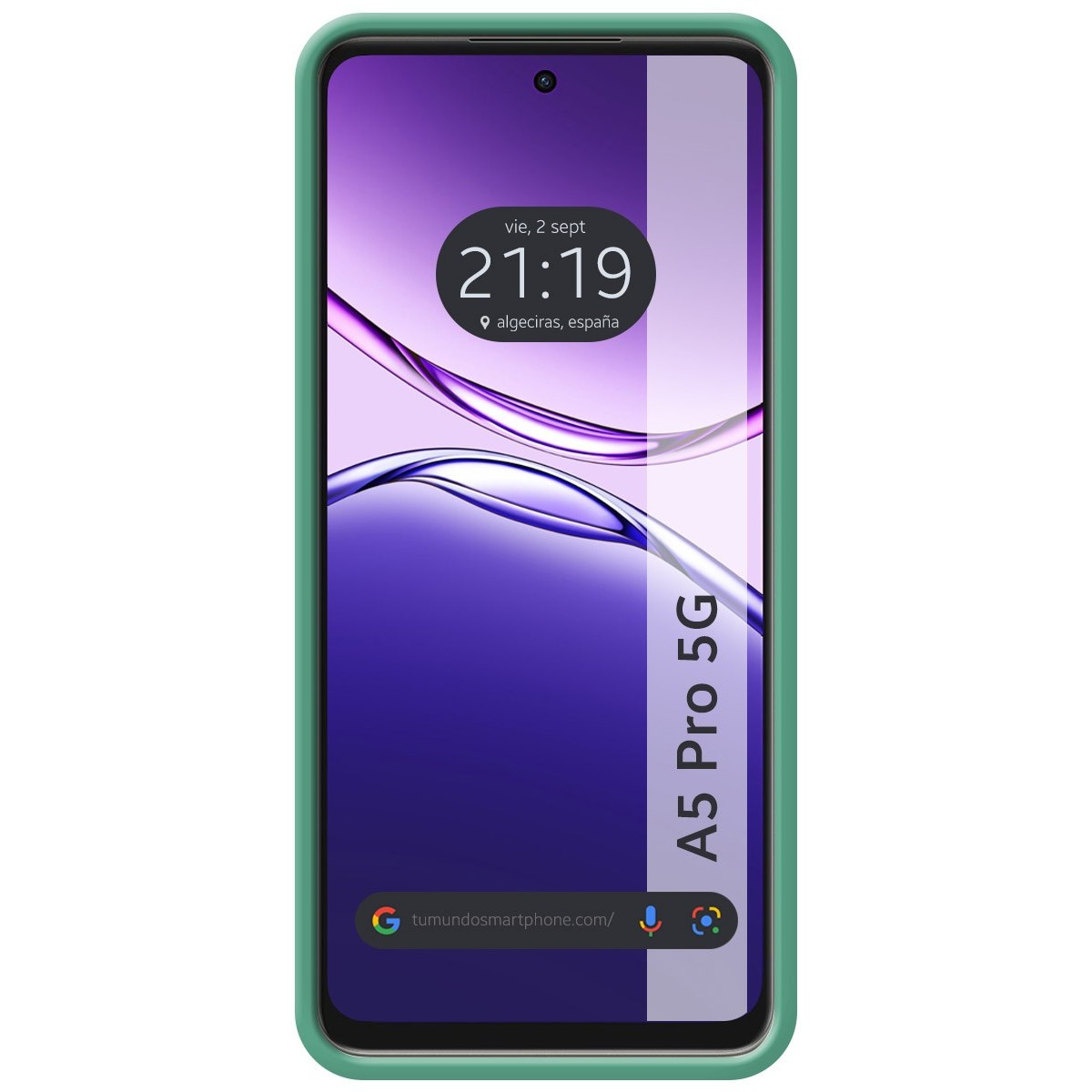 Telefono con custodia verde che mostra l'ora.