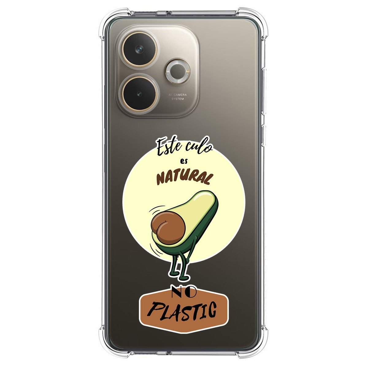 Funda de teléfono con un aguacate con texto que dice "Este culo es NATURAL" y "NO PLASTIC".