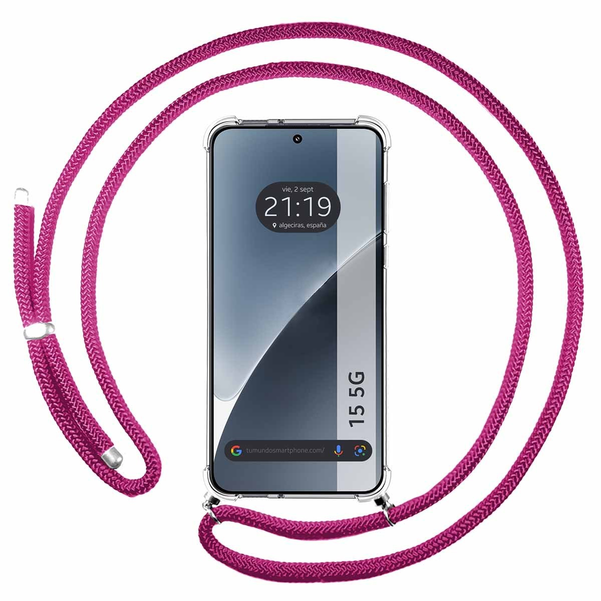 Un cordino rosa tiene un telefono. Il telefono mostra l'ora e la posizione. Il cordino è ad anello.