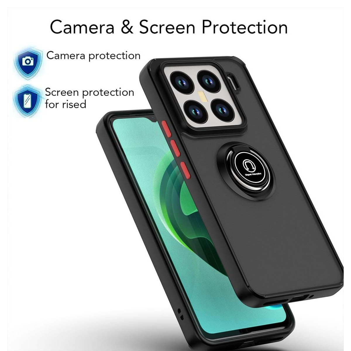 Custodia per telefono nera con protezione della fotocamera. L'immagine dice Protezione fotocamera e schermo. Il telefono ha un supporto ad anello.