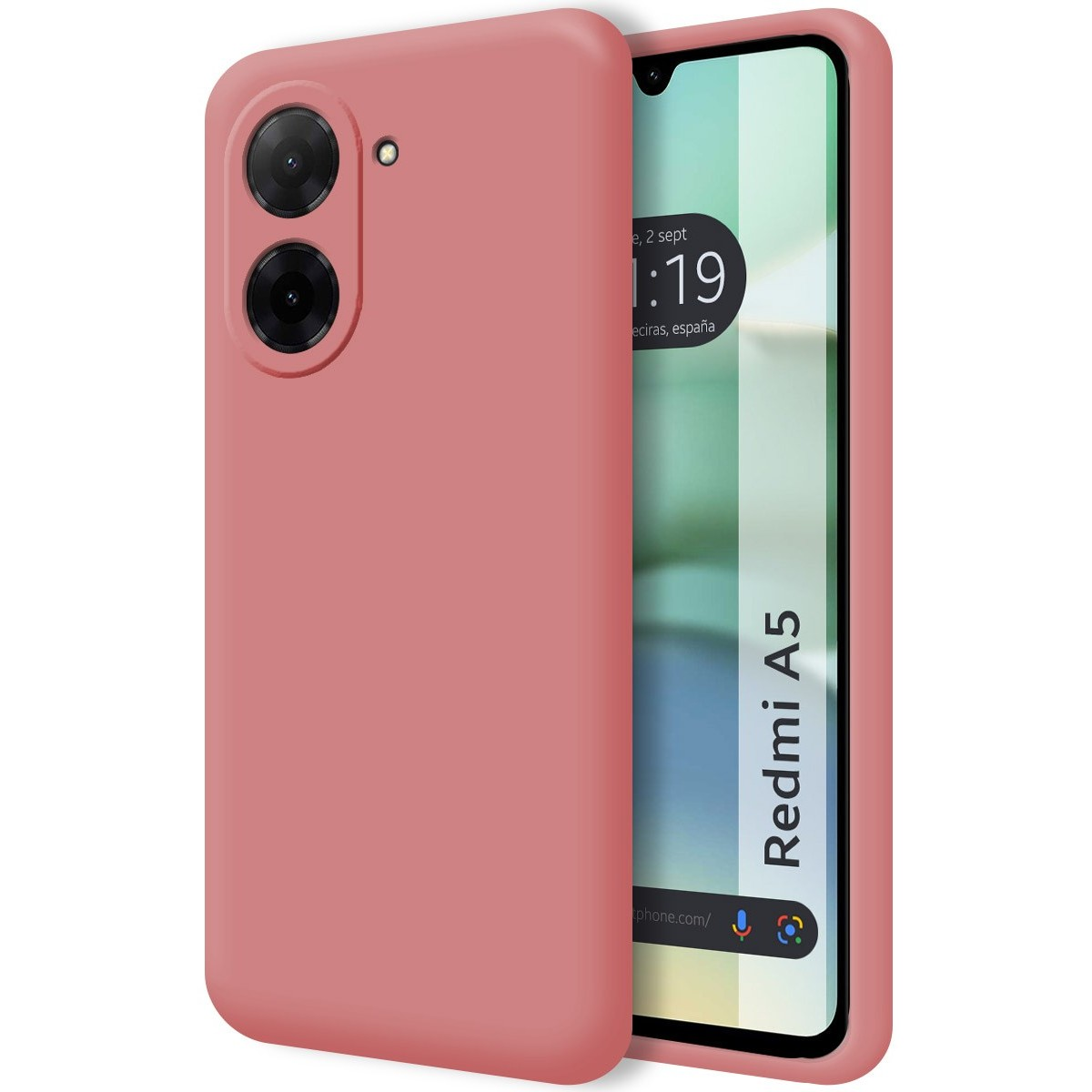 Custodia rosa con fotocamera. Lo schermo mostra ora e dettagli della città.