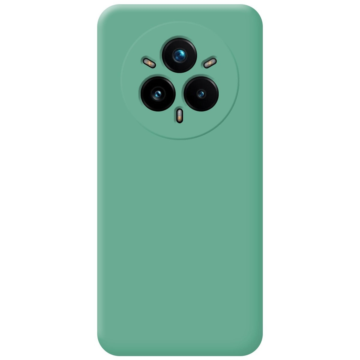 Custodia verde con sezione fotocamera. Nessuno schermo del telefono visibile.