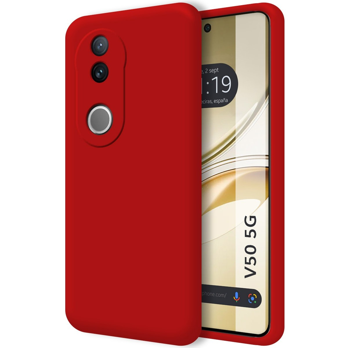 Custodia rossa con schermo del telefono che mostra ora, data ed etichetta 'V50 5G'.