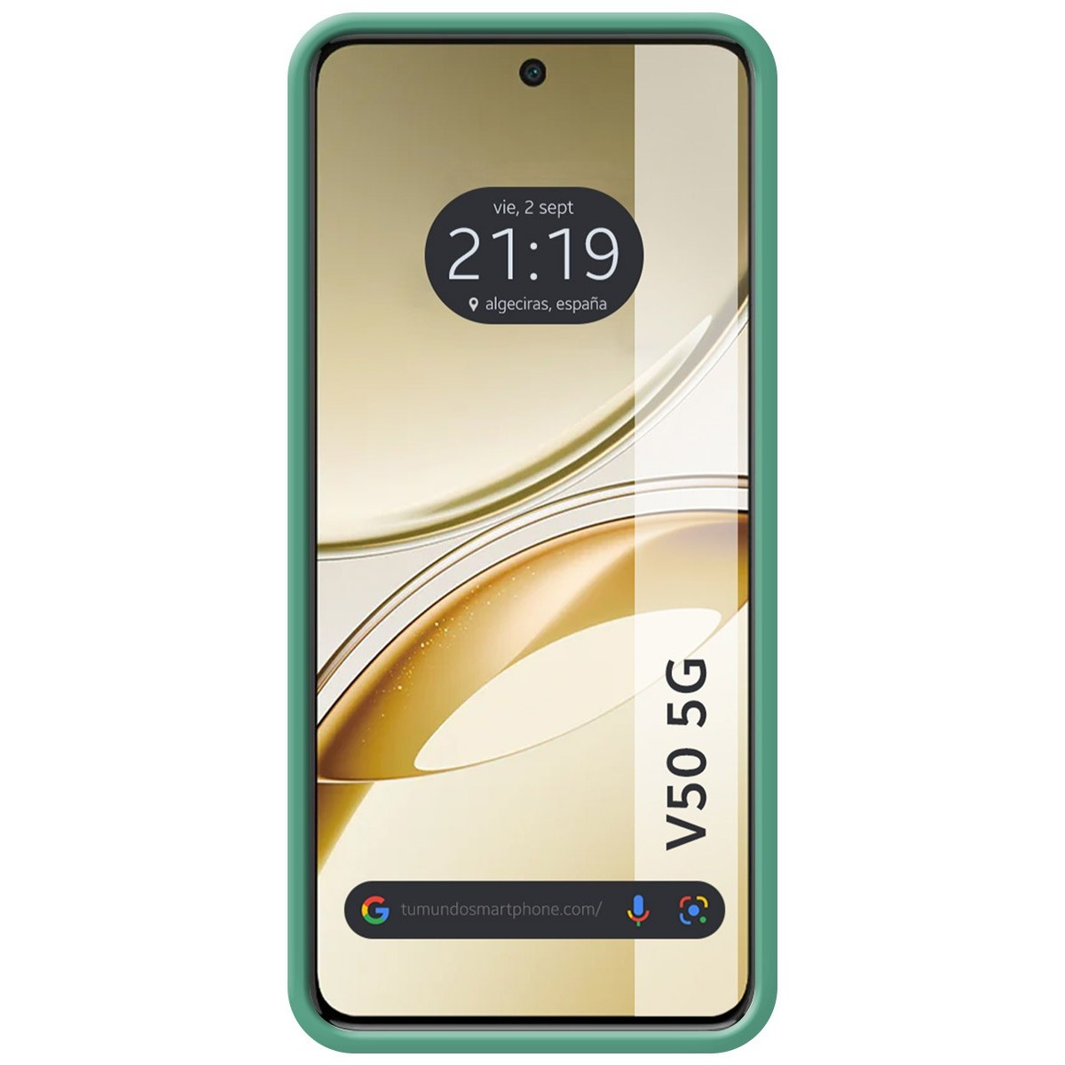 Custodia verde con schermo del telefono che mostra ora, data ed etichetta 'V50 5G'.