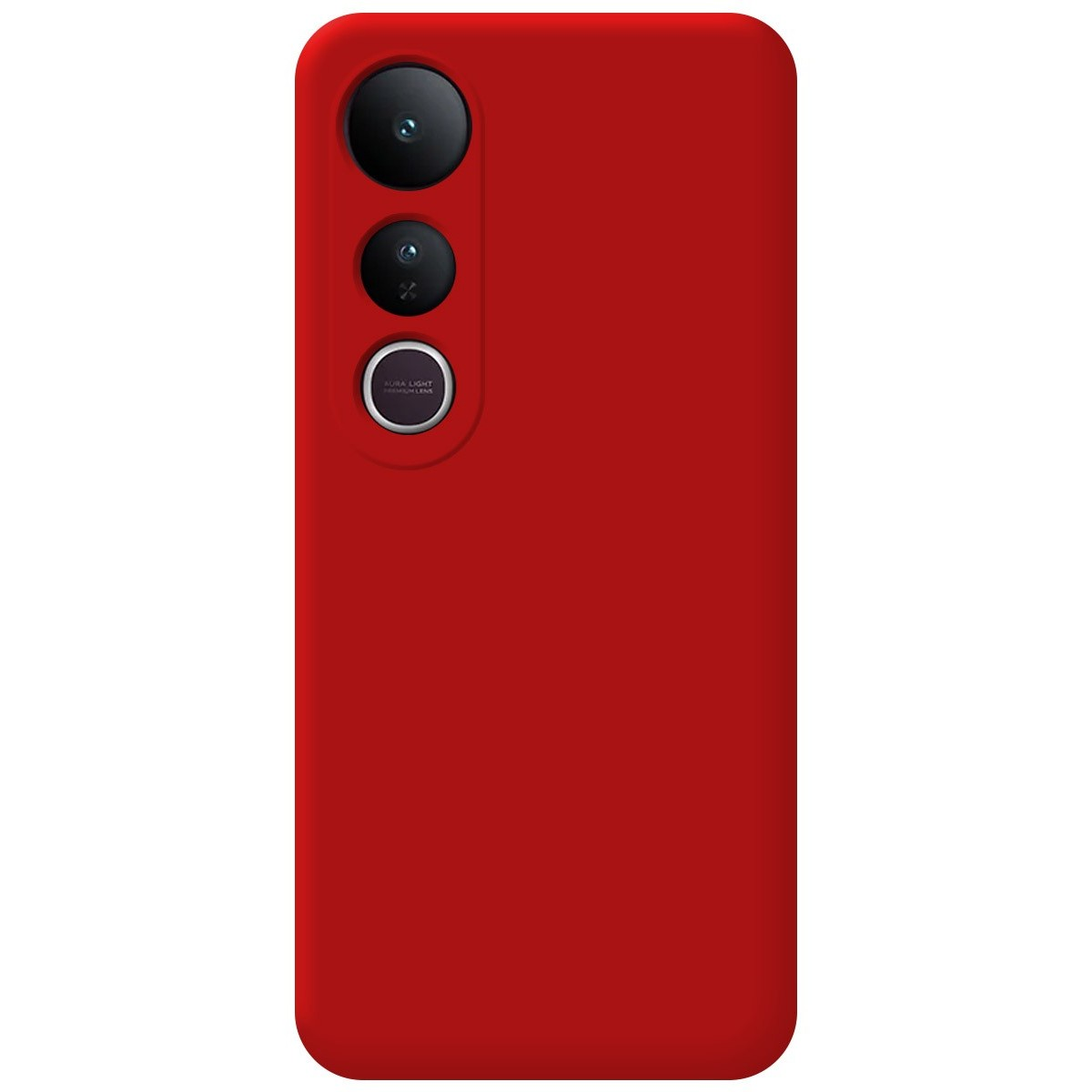 Retro di telefono rosso con tre fotocamere e un flash. Il design è elegante e la superficie liscia.