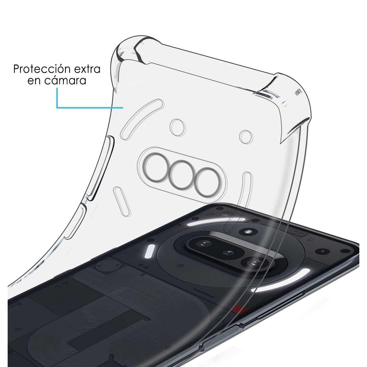 Custodia trasparente con protezione della fotocamera su un telefono nero. Il telefono ha una tripla fotocamera.